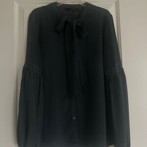 Navy button down lace sleeve blouse